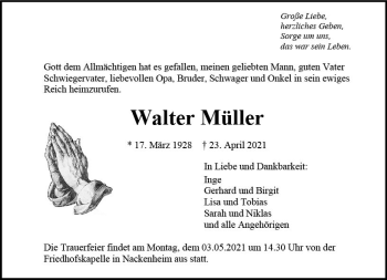 Traueranzeige von Walter Müller von vrm-trauer