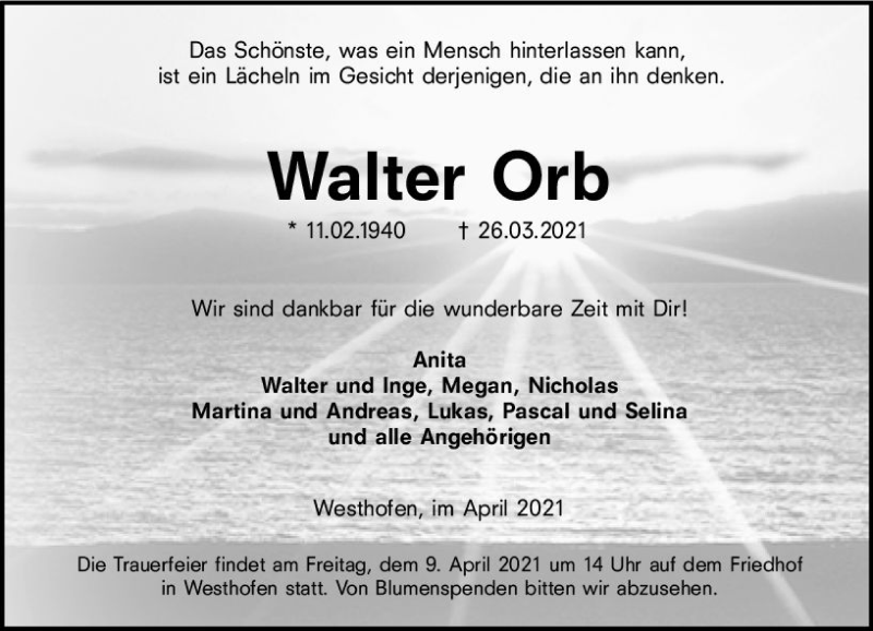  Traueranzeige für Walter Orb vom 03.04.2021 aus vrm-trauer