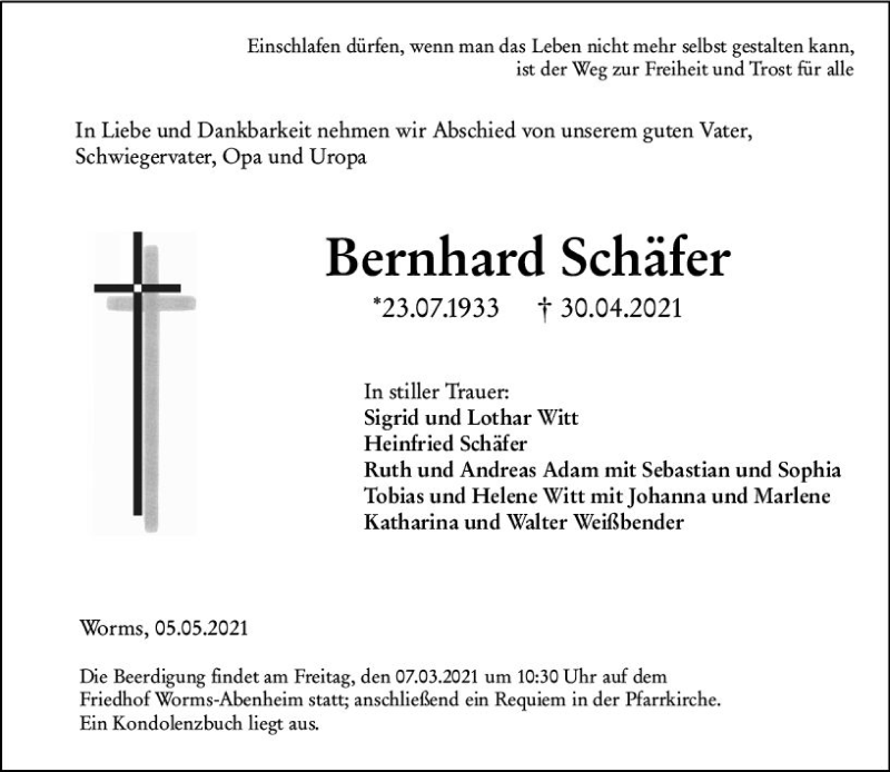  Traueranzeige für Bernhard Schäfer vom 05.05.2021 aus vrm-trauer