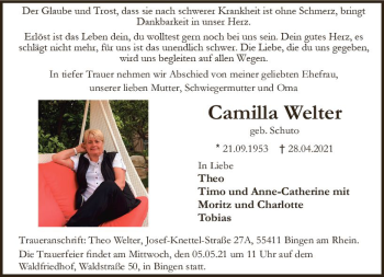 Traueranzeige von Camilla Welter von vrm-trauer