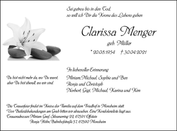 Traueranzeige von Clarissa Menger von vrm-trauer