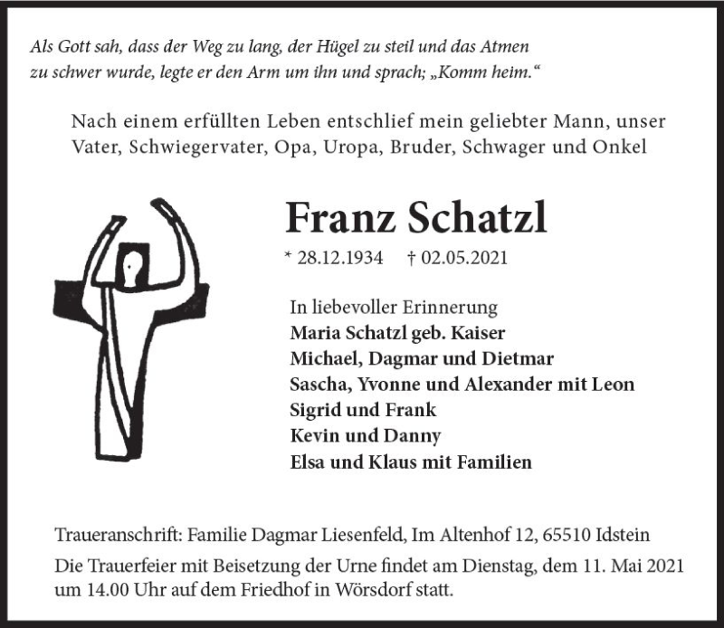  Traueranzeige für Franz Schatzl vom 08.05.2021 aus vrm-trauer
