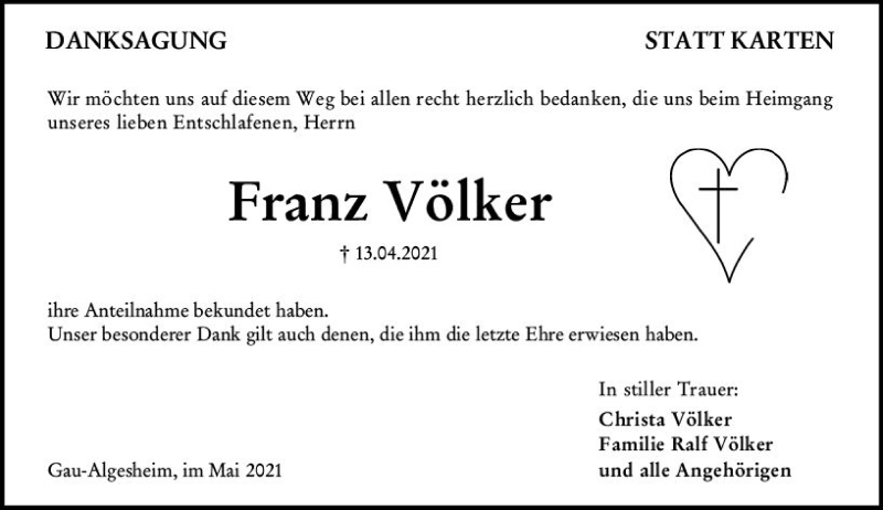  Traueranzeige für Franz Völker vom 08.05.2021 aus vrm-trauer