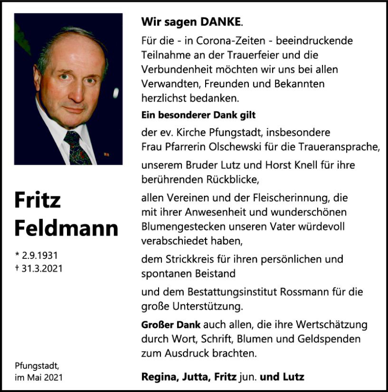  Traueranzeige für Fritz Feldmann vom 08.05.2021 aus vrm-trauer