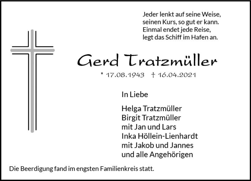  Traueranzeige für Gerd Tratzmüller vom 08.05.2021 aus vrm-trauer