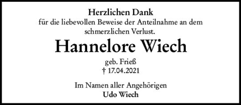  Traueranzeige für Hannelore Wiech vom 08.05.2021 aus vrm-trauer