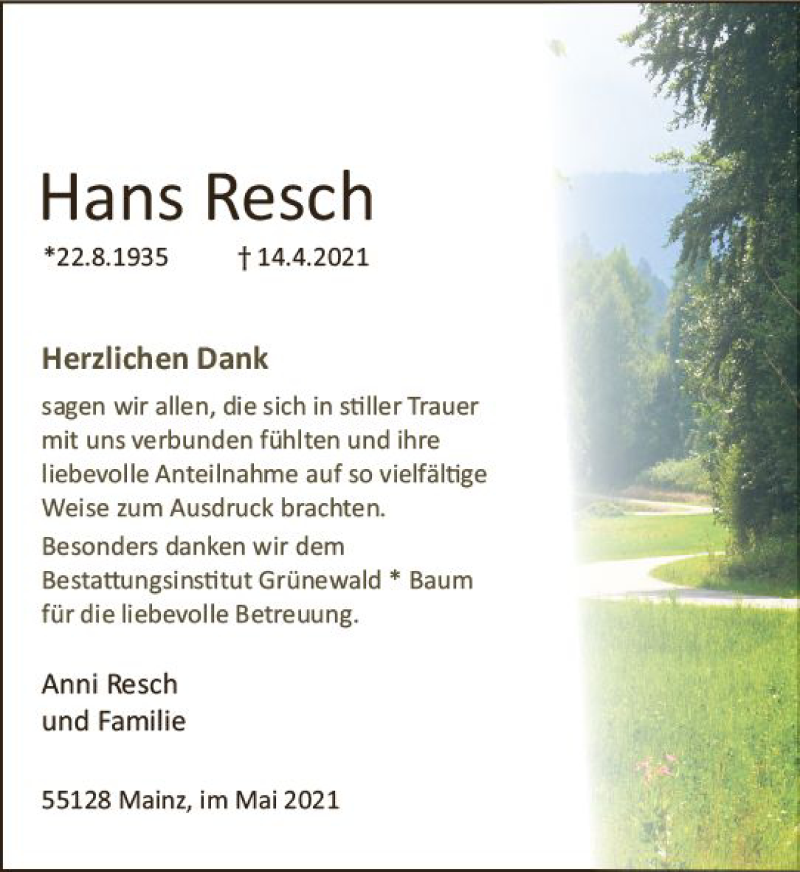  Traueranzeige für Hans Resch vom 08.05.2021 aus vrm-trauer