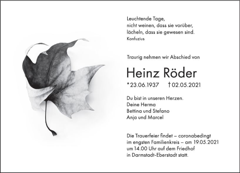  Traueranzeige für Heinz Röder vom 08.05.2021 aus vrm-trauer