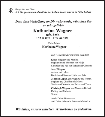 Traueranzeige von Katharina Wagner von vrm-trauer