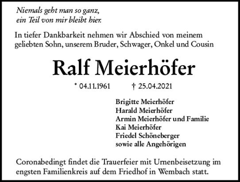  Traueranzeige für Ralf Meierhöfer vom 03.05.2021 aus vrm-trauer