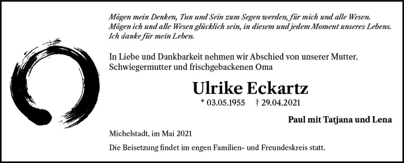  Traueranzeige für Ulrike Eckartz vom 08.05.2021 aus vrm-trauer