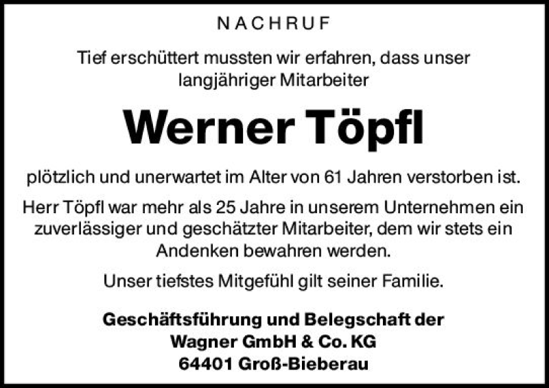  Traueranzeige für Werner Töpfl vom 08.05.2021 aus vrm-trauer