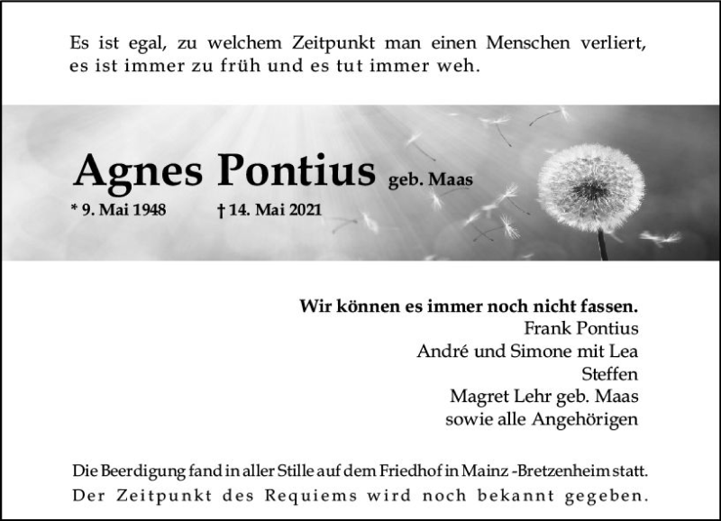  Traueranzeige für Agnes Pontius vom 29.05.2021 aus vrm-trauer