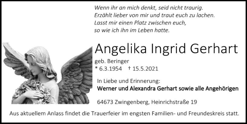  Traueranzeige für Angelika Ingrid Gerhart vom 22.05.2021 aus vrm-trauer