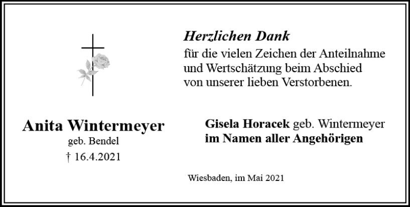  Traueranzeige für Anita Wintermeyer vom 15.05.2021 aus vrm-trauer