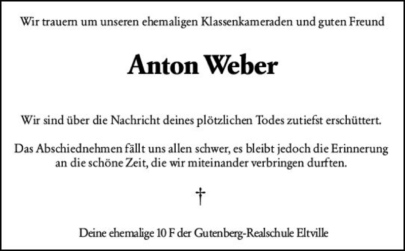  Traueranzeige für Anton Weber vom 29.05.2021 aus vrm-trauer