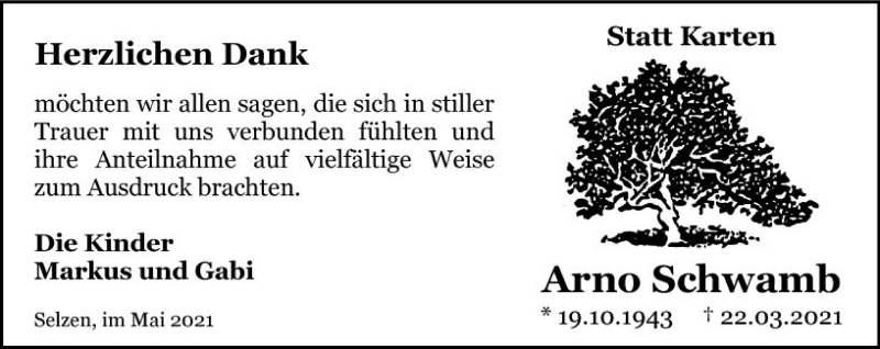  Traueranzeige für Arno Schwamb vom 22.05.2021 aus vrm-trauer