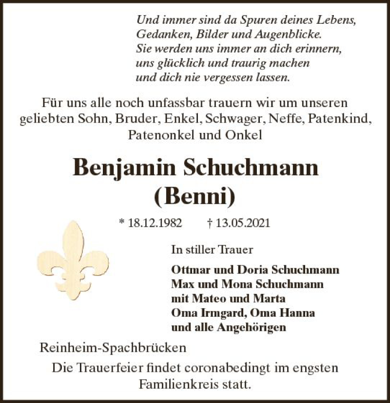  Traueranzeige für Benjamin Schuchmann vom 22.05.2021 aus vrm-trauer