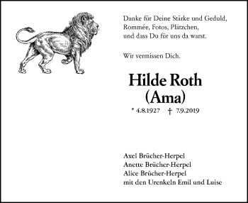 Traueranzeige von Hilde Roth von VRM Tageszeitungen
