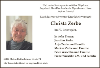 Traueranzeige von Christa Zerbe von vrm-trauer
