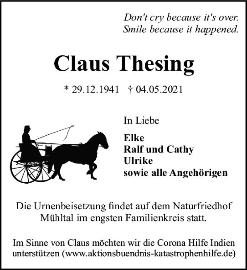  Traueranzeige für Claus Thesing vom 15.05.2021 aus vrm-trauer