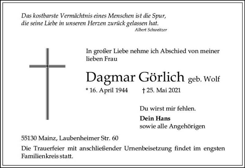  Traueranzeige für Dagmar Görlich vom 29.05.2021 aus vrm-trauer