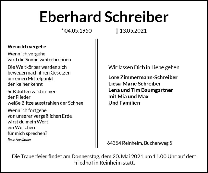  Traueranzeige für Eberhard Schreiber vom 19.05.2021 aus vrm-trauer