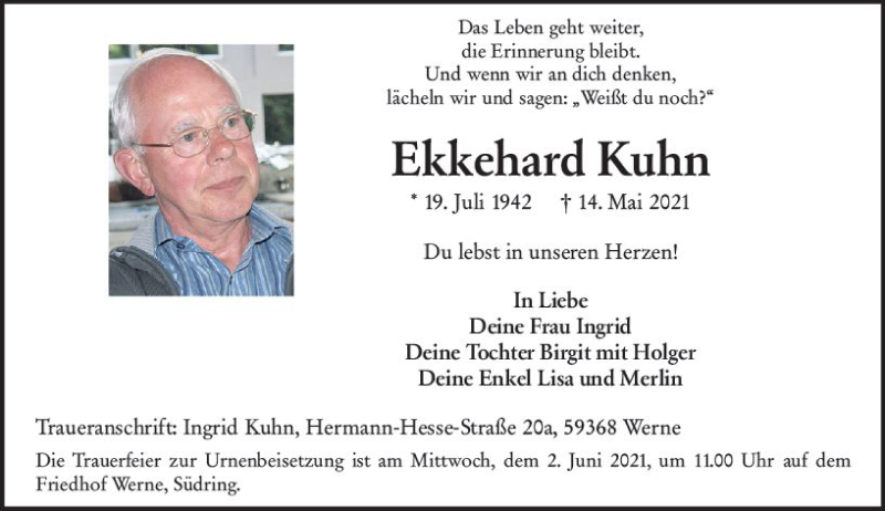  Traueranzeige für Ekkehard Kuhn vom 22.05.2021 aus vrm-trauer