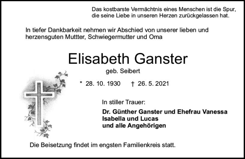  Traueranzeige für Elisabeth Ganster vom 29.05.2021 aus vrm-trauer