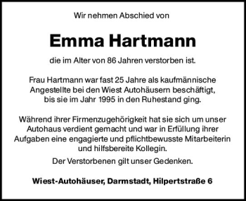 Traueranzeige von Emma Hartmann von vrm-trauer