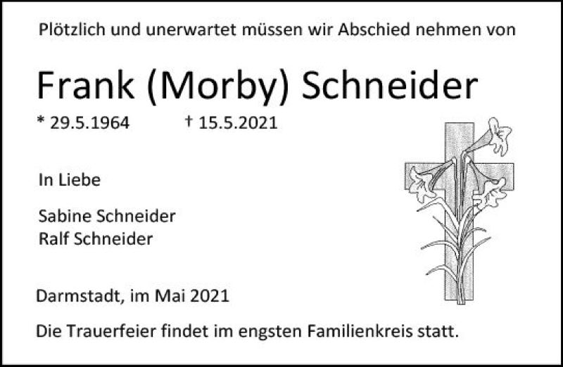  Traueranzeige für Frank Schneider vom 22.05.2021 aus vrm-trauer