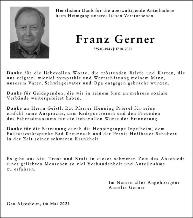  Traueranzeige für Franz Gerner vom 14.05.2021 aus vrm-trauer