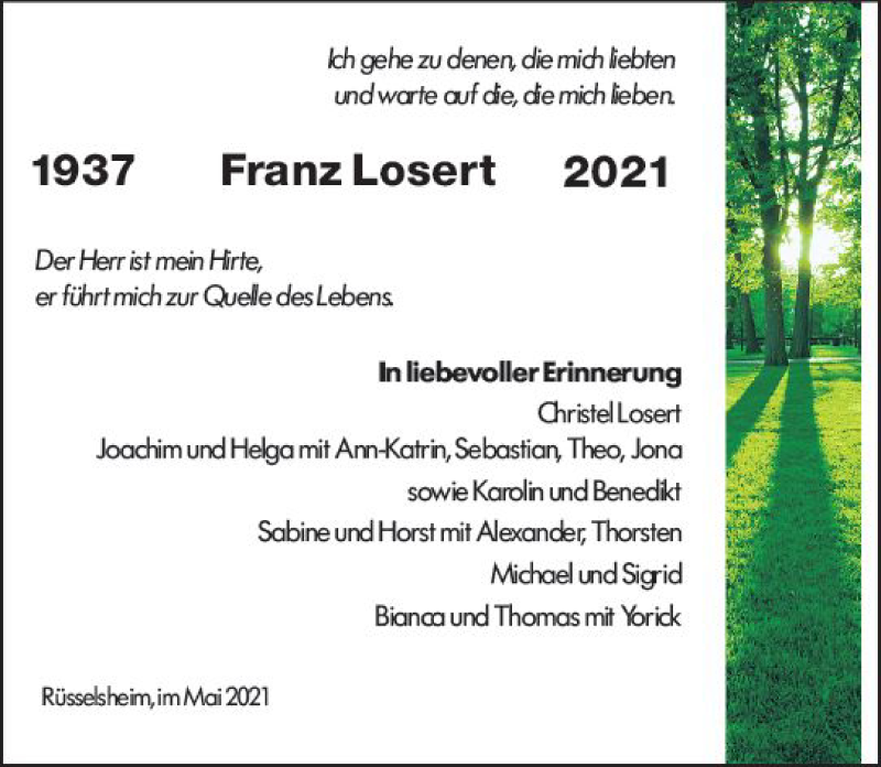  Traueranzeige für Franz Losert vom 22.05.2021 aus vrm-trauer