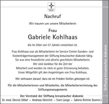 Traueranzeige von Gabriele Kohlhaas von vrm-trauer