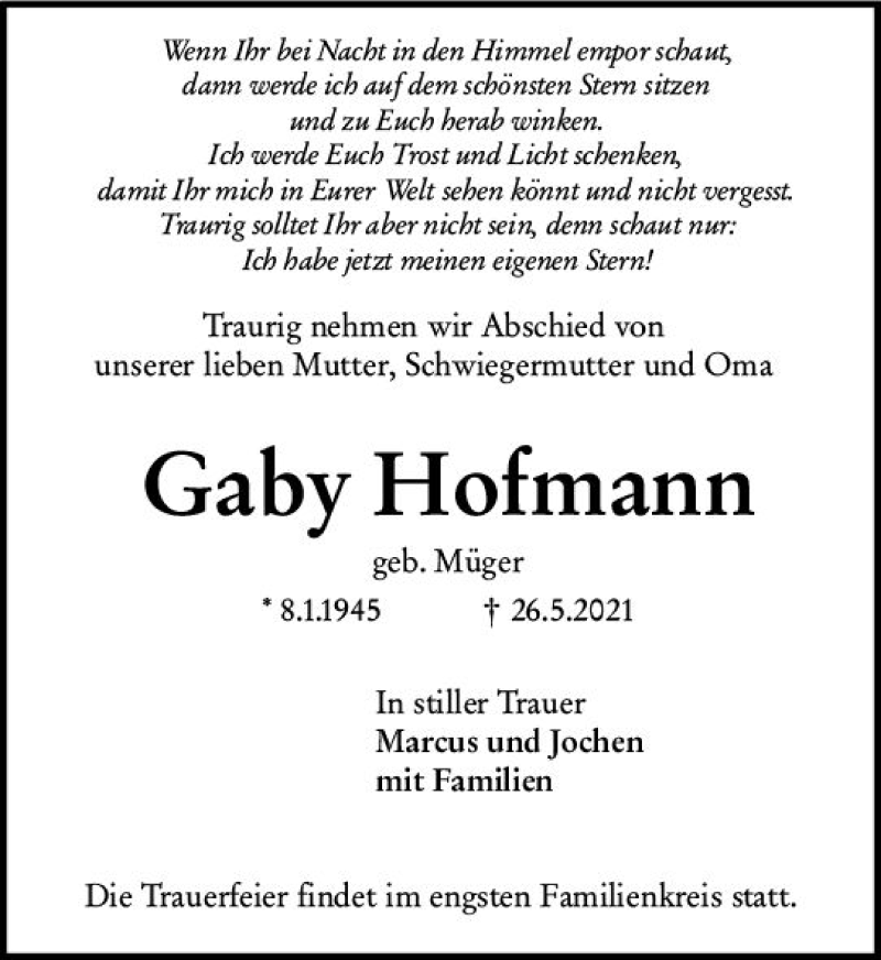  Traueranzeige für Gaby Hofmann vom 29.05.2021 aus vrm-trauer