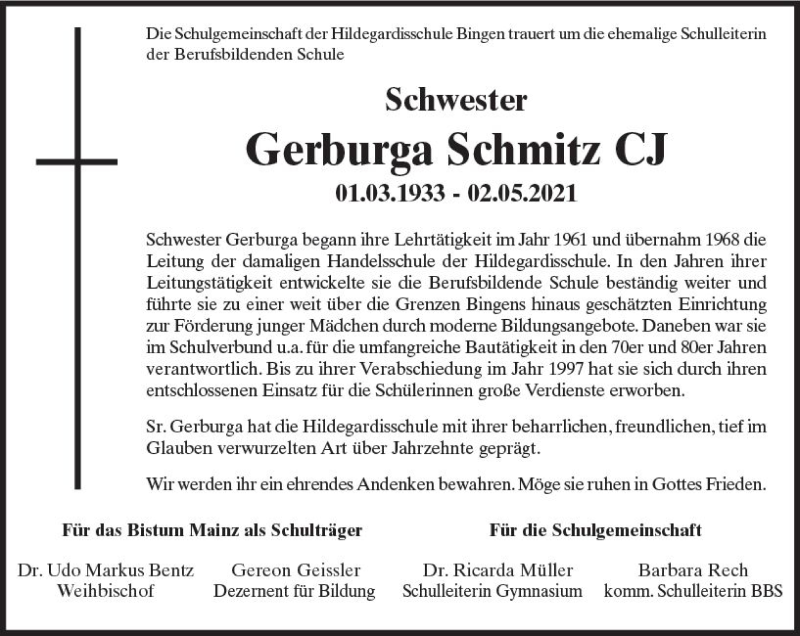  Traueranzeige für Gerburga Schmitz vom 12.05.2021 aus vrm-trauer