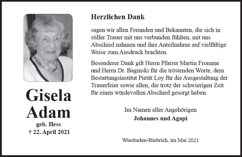  Traueranzeige für Gisela Adam vom 29.05.2021 aus vrm-trauer