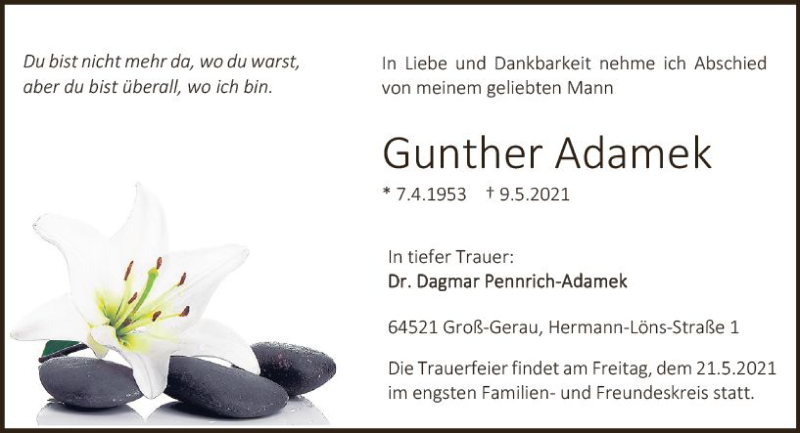  Traueranzeige für Gunther Adamek vom 15.05.2021 aus vrm-trauer