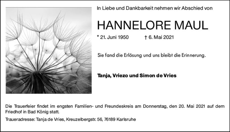  Traueranzeige für Hannelore Maul vom 15.05.2021 aus vrm-trauer
