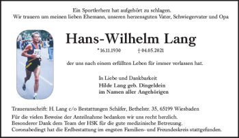 Traueranzeige von Hans-Wilhelm Lang von vrm-trauer