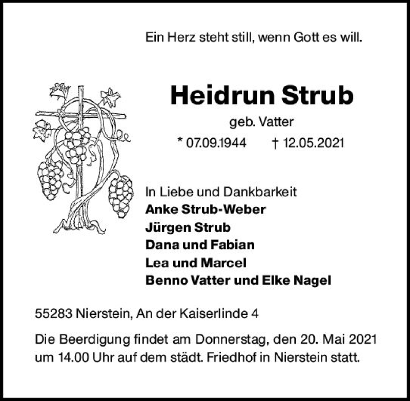  Traueranzeige für Heidrun Strub vom 18.05.2021 aus vrm-trauer