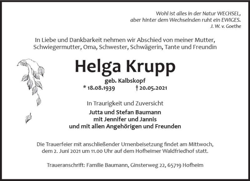  Traueranzeige für Helga Krupp vom 28.05.2021 aus vrm-trauer