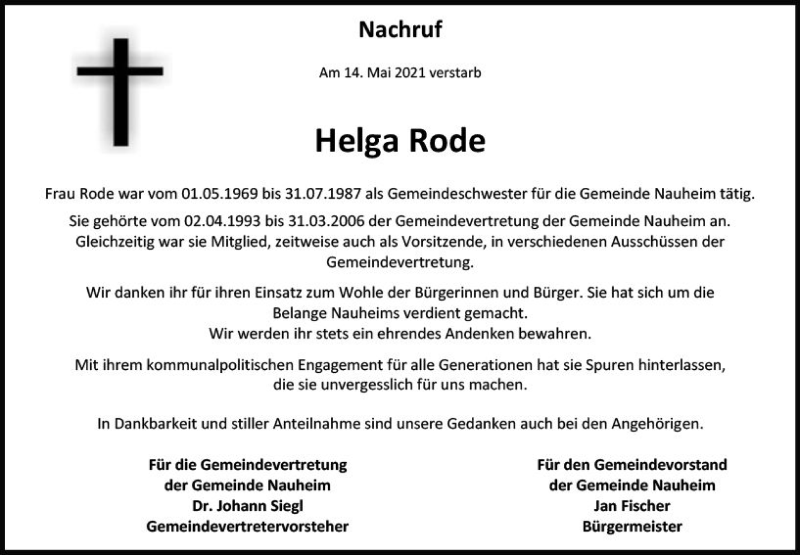  Traueranzeige für Helga Rode vom 19.05.2021 aus vrm-trauer