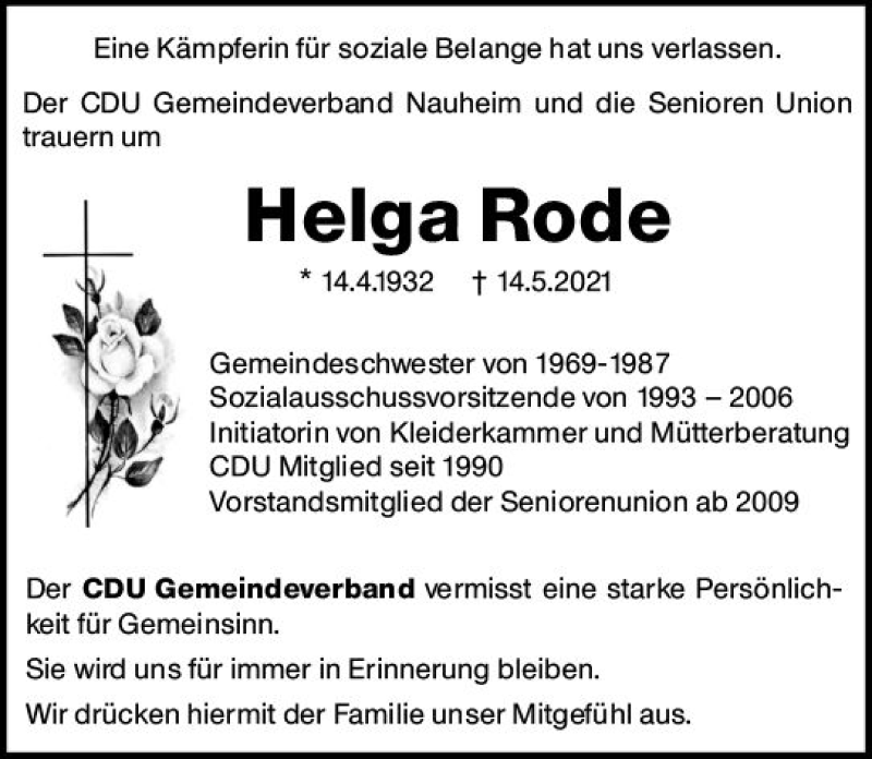  Traueranzeige für Helga Rode vom 29.05.2021 aus vrm-trauer