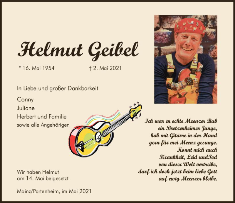  Traueranzeige für Helmut Geibel vom 15.05.2021 aus vrm-trauer