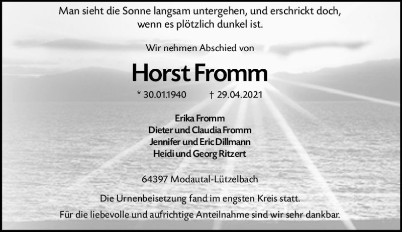  Traueranzeige für Horst Fromm vom 15.05.2021 aus vrm-trauer