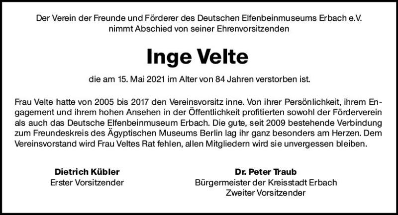  Traueranzeige für Inge Velte vom 22.05.2021 aus vrm-trauer