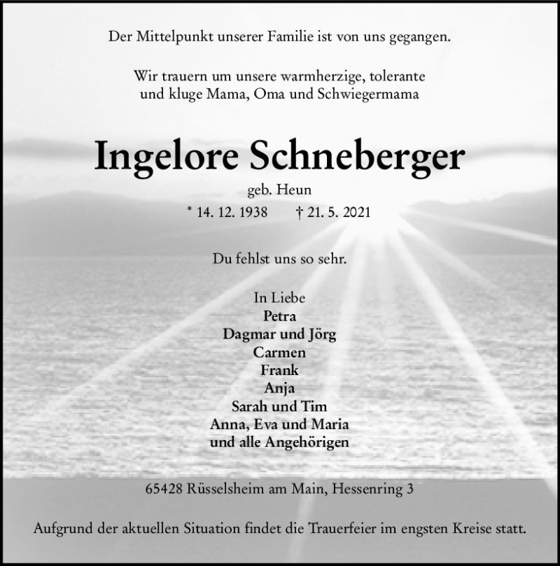  Traueranzeige für Ingelore Schneberger vom 29.05.2021 aus vrm-trauer