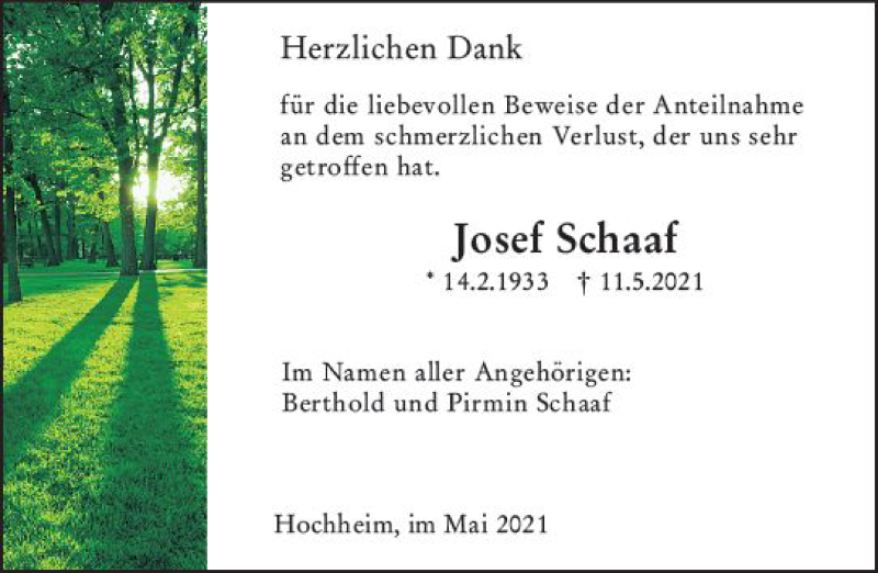  Traueranzeige für Josef Schaaf vom 28.05.2021 aus vrm-trauer