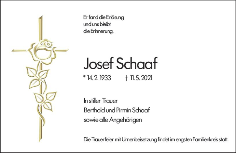  Traueranzeige für Josef Schaaf vom 21.05.2021 aus vrm-trauer